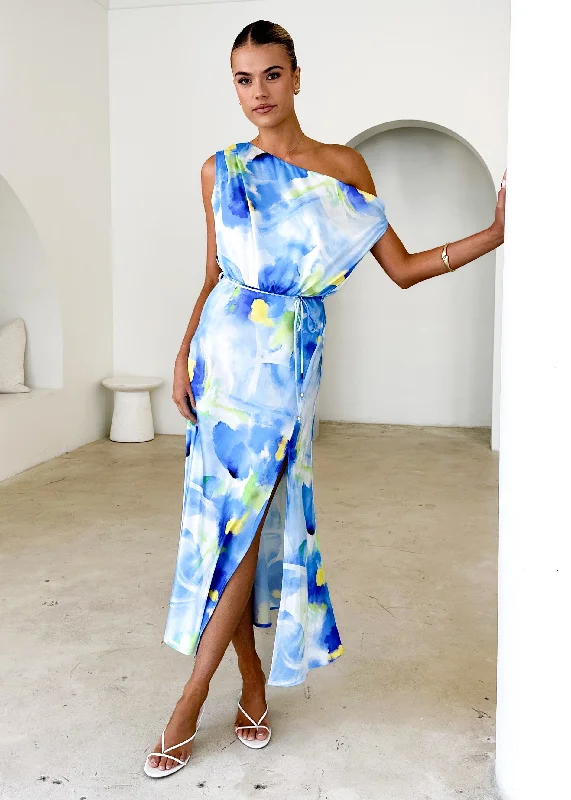 Midi dresses with V - necklines for a flattering and elongating effect Tanya Midi Dress - Blue Abstract