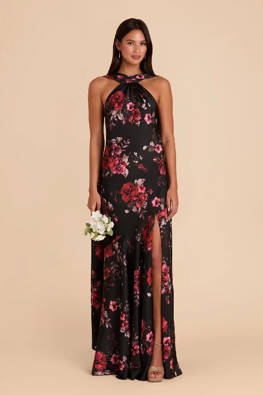 Maternity dress for a baby's first bus ride Eileen Matte Satin Dress - Black Fleurs D'Amour