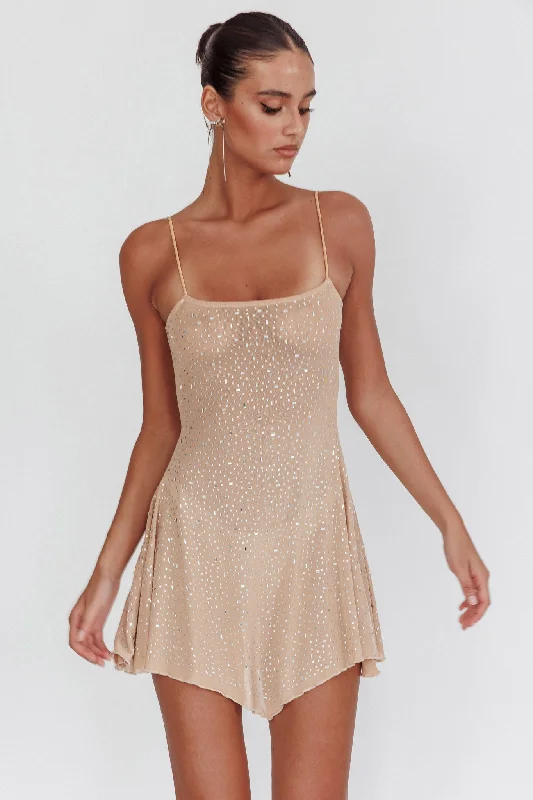 Mini dresses with asymmetric hems for a fashion - forward look Moon Walker Sheer Rhinestone Mini Dress Nude