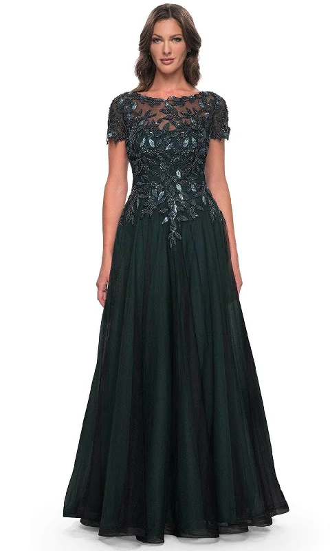 Sheer - panel wedding dresses with a touch of elegance​ Ribbed - texture wedding guest dresses in neutral colors La Femme 31267 - Floral Sequin Formal Dress