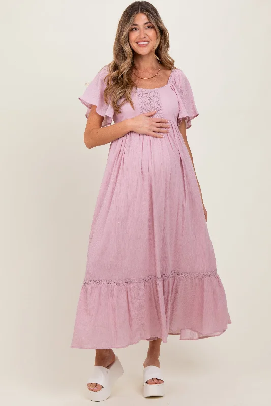 Maternity dress for a baby's first visit to the planetarium Light Pink Lace Square Neck Maternity Maxi Dress