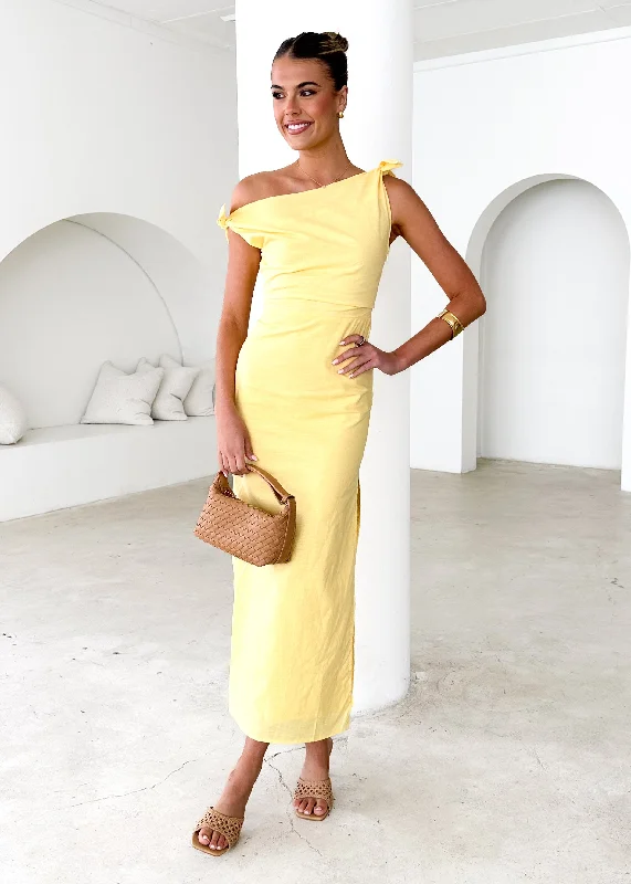 Midi dresses with gathered skirts for a full and flowing silhouette Lanto One Shoulder Midi Dress - Lemon