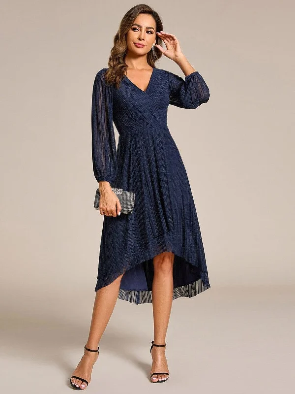 Wedding dresses with a bateau neckline for a classic shape​ Wedding guest dresses with tassel - adorned belts and A - line skirts ever BRISTOL|Glitter Long Sleeve V-Neck A-Line Midi Wedding Guest Dress