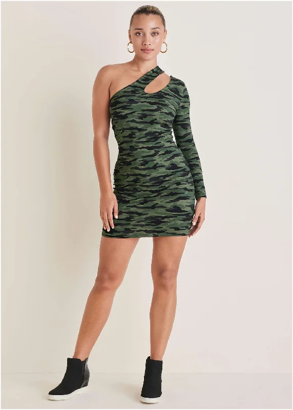 Mini dresses with V - necklines for a flattering shape One-Shoulder Cutout Mini Dress - Rebel Camo