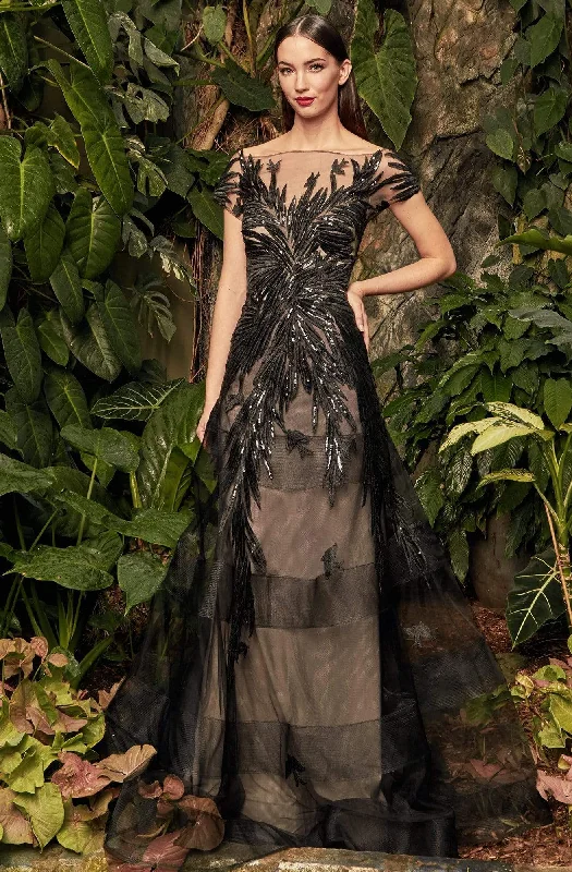 Chiffon and tulle combination wedding dresses​ Geometric - printed wedding guest dresses for a modern wedding Alexander by Daymor - 961 Cap Sleeve Sequin-Ornate Embroidered Gown