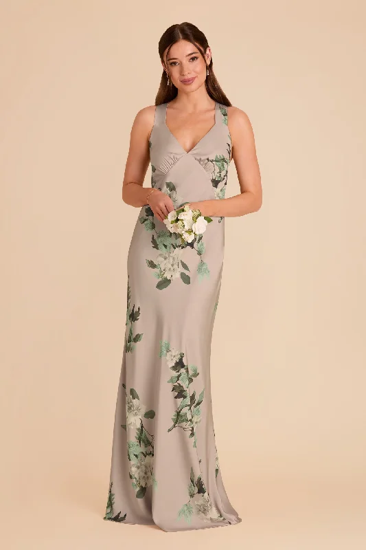 Maternity dress for a baby's first visit to the sensory garden Veronica Matte Satin Dress - Latte Camellia Blooms