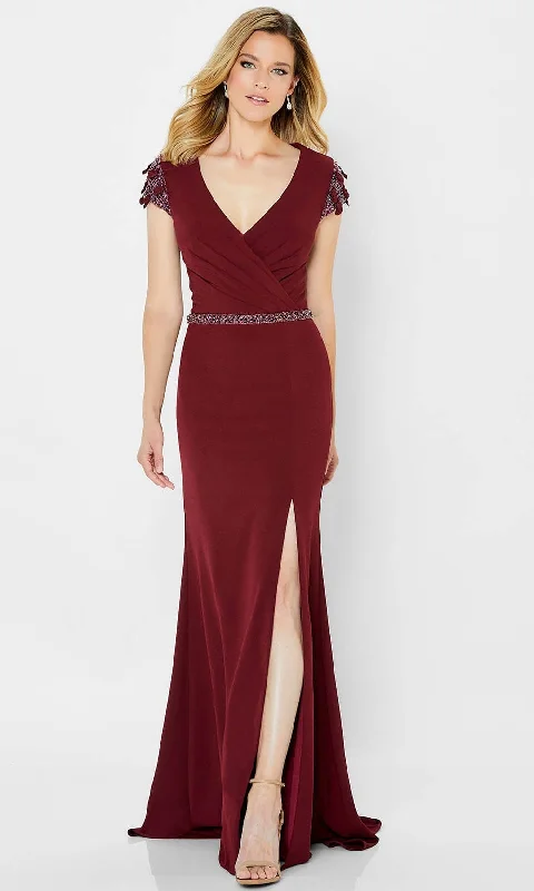 Off - the - shoulder wedding dresses with ruffled sleeves​ Strapless wedding guest dresses with rhinestone - studded bodices Montage by Mon Cheri 122902 - Embellished Surplice Bodice Formal Gown