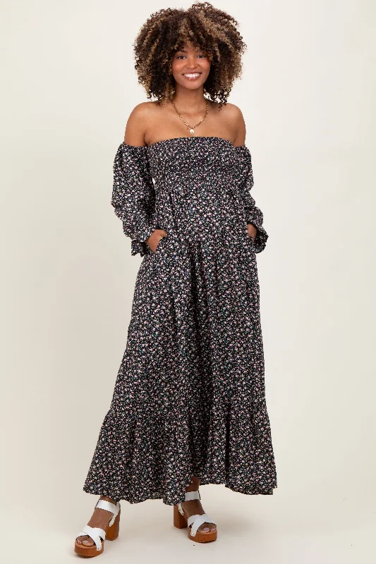 Maternity dress for a movie night out Black Floral Smocked Off Shoulder Maternity Maxi Dress