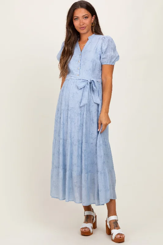 Maternity dress for a baby's dedication Light Blue Split Neckline Tiered Maternity Midi Dress