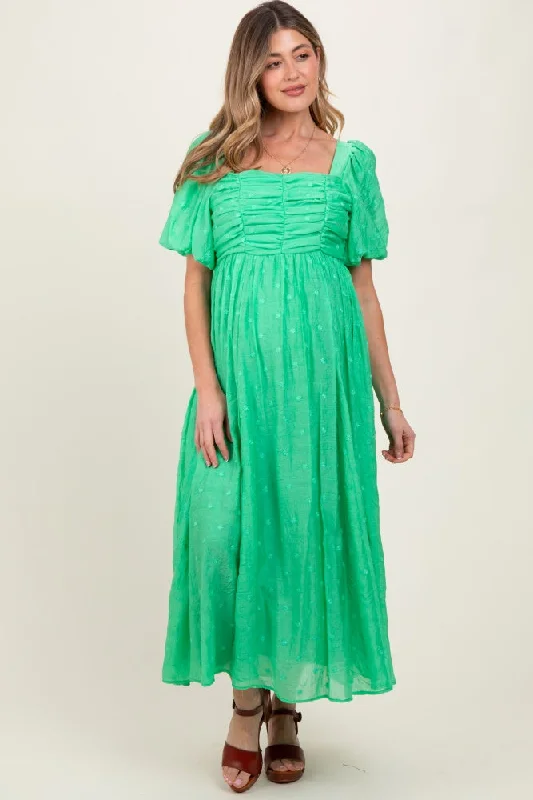 Maternity dress for a coastal vacation Green Embroidered Shirred Puff Sleeve Maternity Maxi Dress
