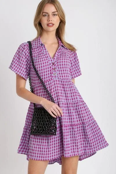 Satin mini dresses for a luxurious feel Gingham Tiered Dress - Violet
