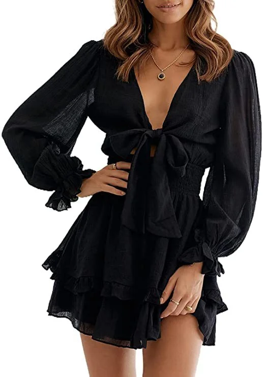 Mini dresses with criss - cross backs for a flirty look Cartwheel Lace Tiered Cutout Dress - Black