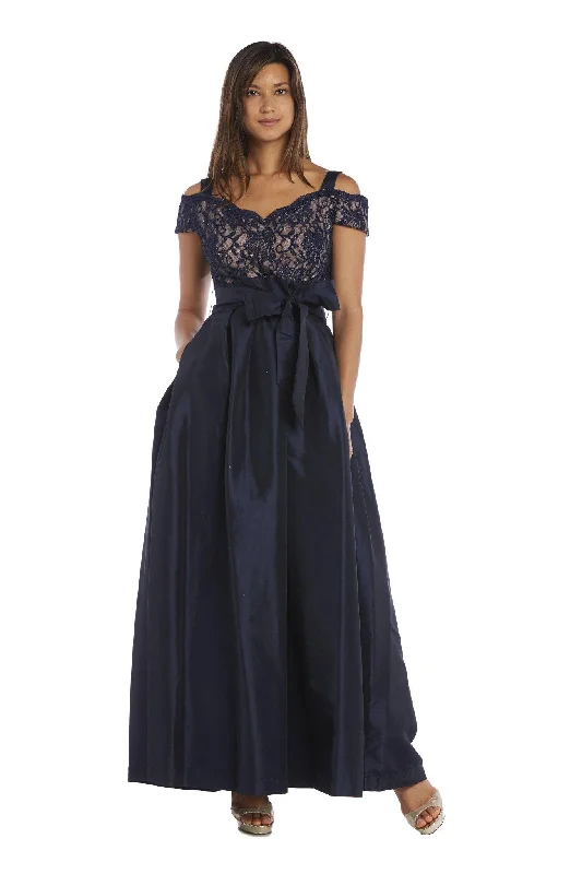 Appliqued wedding dresses with 3D floral designs​ Sheer wedding guest dresses with lace inserts and long sleeves R&M Richards 2056 Evening Long Formal Lace Top Dress