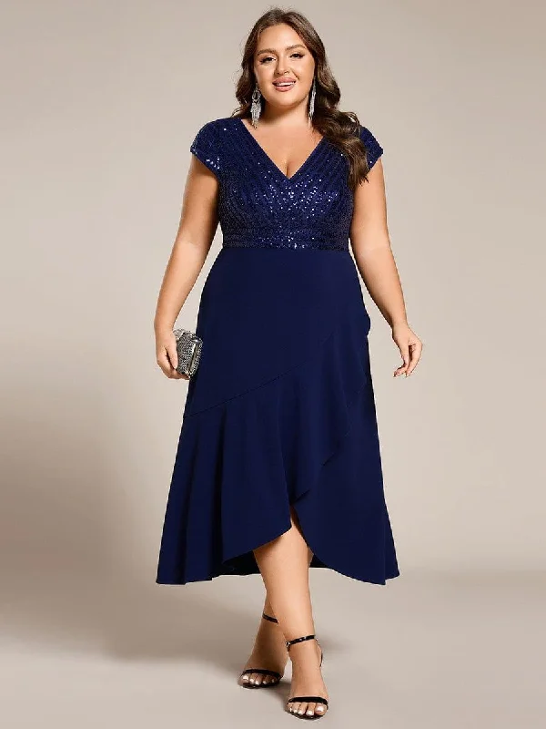 Long - train wedding dresses with a sweep train option​ Wedding guest dresses with abstract prints and long trains pretty BAYLOR|Plus Size Sequin Bodice V-Neck Midi Chiffon Formal Dress