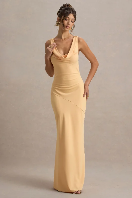 Halter - neck wedding dresses with a unique neckline Bow - backed wedding guest dresses in silk for a luxurious feel Alesso | Peach Satin Cowl-Neck Maxi Dress Halter - neck wedding dresses with a unique neckline Bow - backed wedding guest dresses in silk for a luxurious feel Alesso | Peach Satin Cowl-Neck Maxi Dress