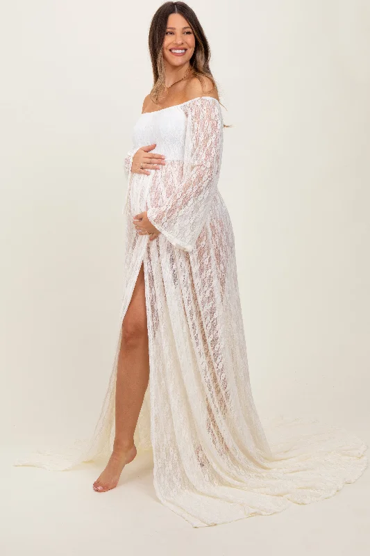 Maternity dress for a baby's first visit to the formal garden Ivory Lace Off Shoulder Maternity Photoshoot Gown/Dress