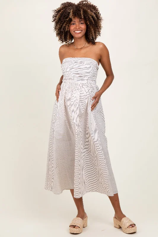 Off shoulder maternity evening dress for parties Cream Tube Striped Black Smocking Maternity Maxi Dress
