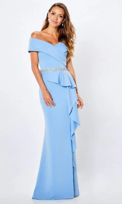 A - line wedding dresses with a beaded neckline​ Wedding guest dresses with belted waists and knee - length skirts Montage by Mon Cheri - 221976 Peplum Sheath Evening Dress