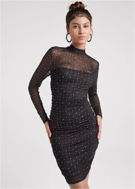 Mini dresses with puff sleeves for a vintage look Embellished Mesh Dress  - Black