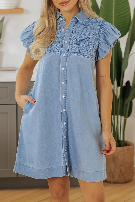 Midi dresses with ruffled bodices for a more pronounced feminine look Denim Buttoned Mini Dress