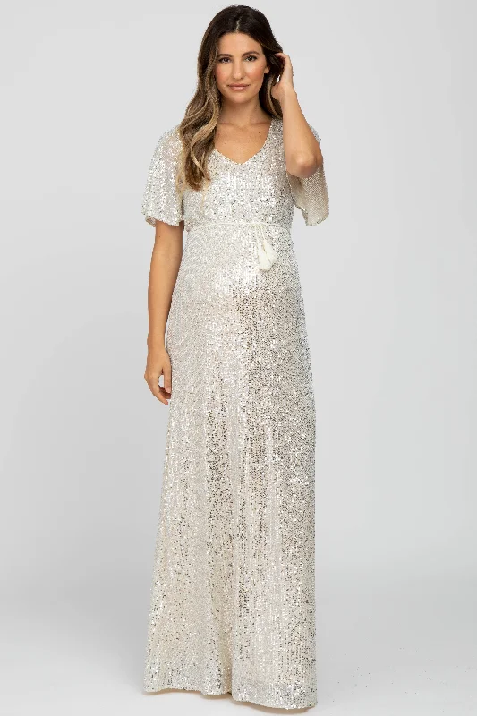 Maternity dress for a baby's first visit to the informal garden Cream Sequin Short Sleeve Maternity Maxi Dress