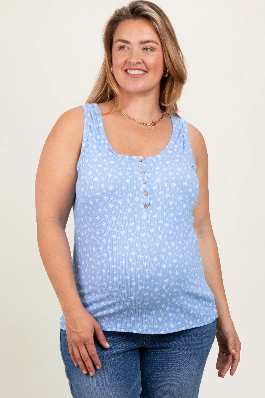 Maternity dress for a baby's first visit to the circus Blue Floral Ribbed Henley Maternity Plus Tank Top