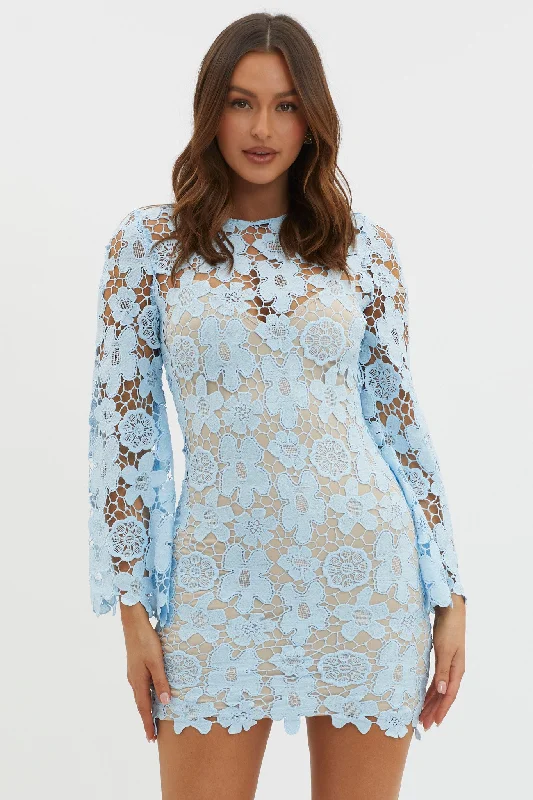 Mini dresses with gathered skirts for a voluminous effect Reinhart Flared Sleeve Crochet Lace Dress Baby Blue