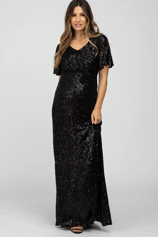 Maternity dress for a baby's first visit to the park playground Black Sequin Short Sleeve Maternity Maxi Dress