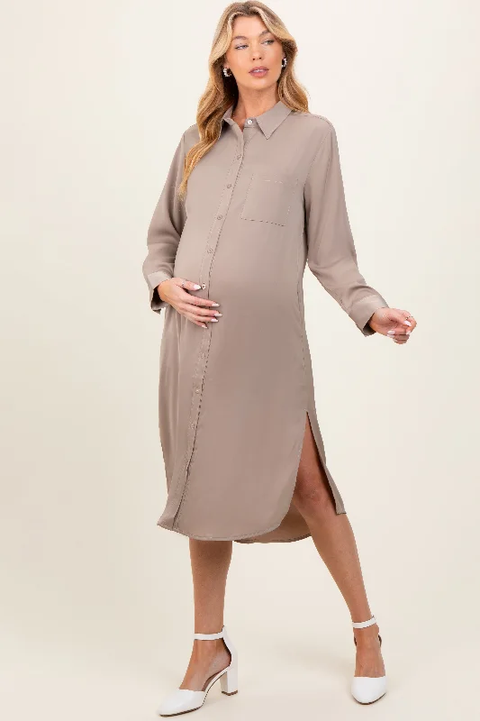Maternity dress for a baby's first visit to the theater Light Taupe Long Sleeve Maternity Midi Shirt Dress
