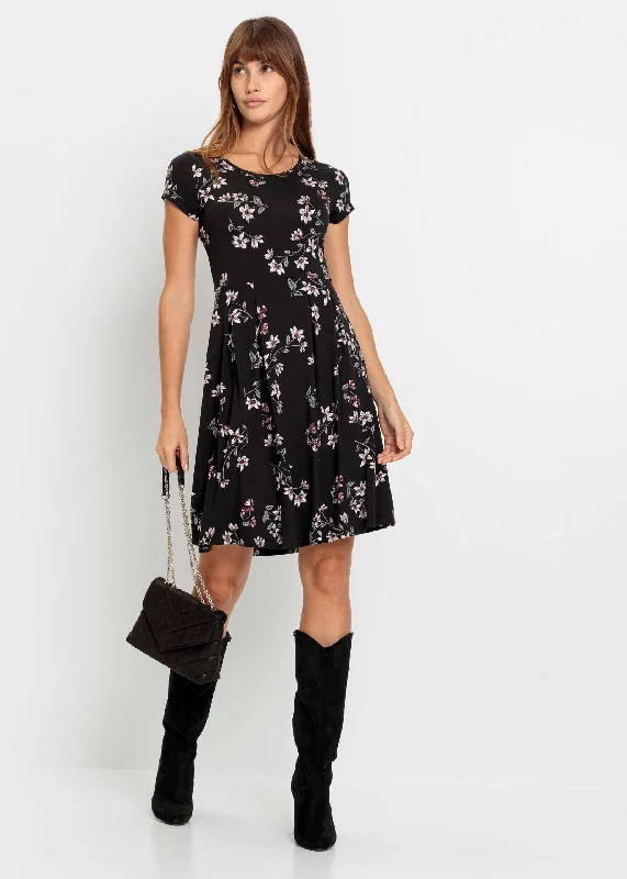 Mini dresses with keyhole necklines Pleated Mini Dress - Black Floral