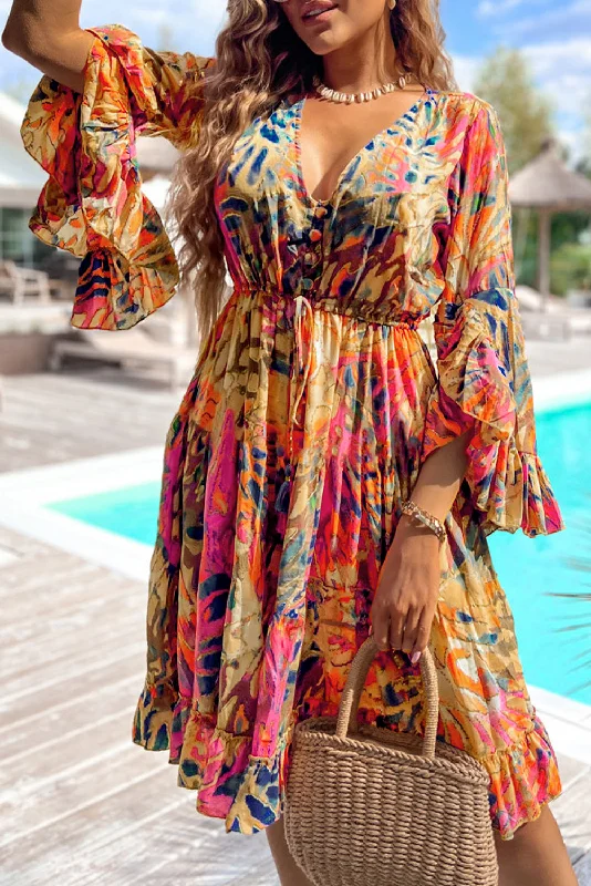 Midi dresses with embroidered accents for a unique and detailed design Tropical Ruffle Flare Sleeve Dress