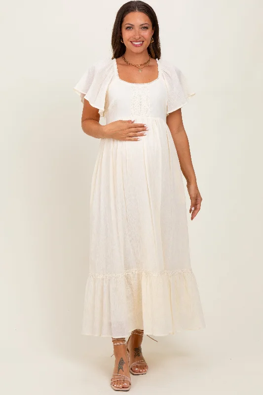 Maternity dress for a picnic in the park Cream Lace Square Neck Maternity Maxi Dress