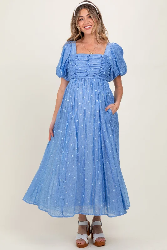 Maternity cocktail dress with sequin embellishments Blue Embroidered Shirred Puff Sleeve Maternity Maxi Dress