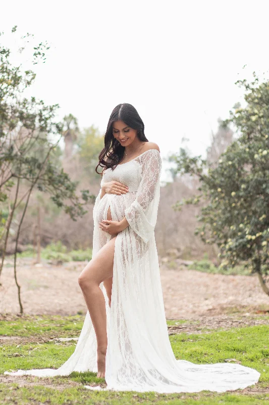 Maternity dress for a baby's first visit to the rooftop garden PinkBlush White Lace Off Shoulder Maternity Photoshoot Gown/Dress