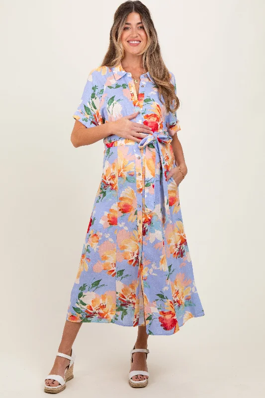 Maternity dress for a baby's first visit to the rose garden Periwinkle Floral Linen Blend Maternity Shirt Dress