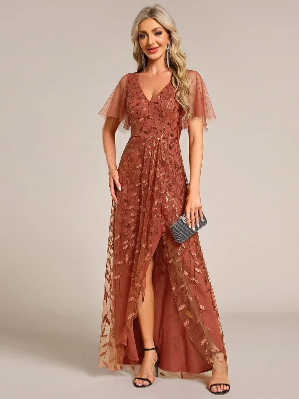 Wedding dresses with a ruched bodice for a textured look Wedding guest dresses with cold - shoulder ruffled sleeves and knee - length hems ever ALIX|Short Sleeves Sequin High Low V-Neck Midi Formal Wedding Guest Dress