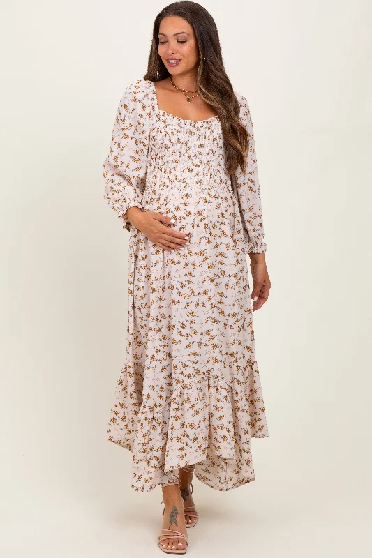 Maternity dress for a baby's first visit to the brewery Ivory Floral Smocked Handkerchief Hem Maternity Maxi Dress