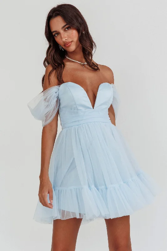 Polyester mini dresses for easy care Pixi Off-Shoulder Lace-Up Back Dress Baby Blue