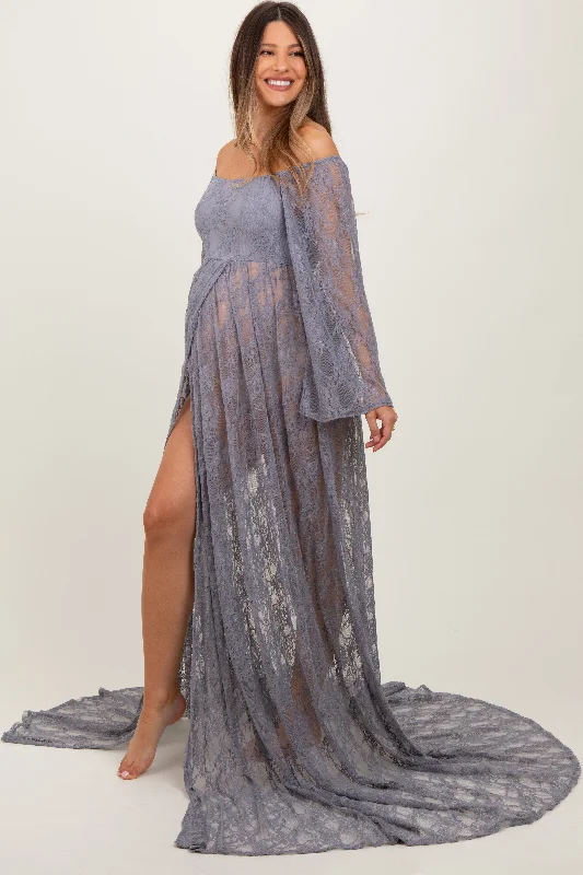 Maternity dress for a baby's first visit to the circus Gray Lace Long Sleeve Off Shoulder Slit Draped Maternity Photoshoot Dress