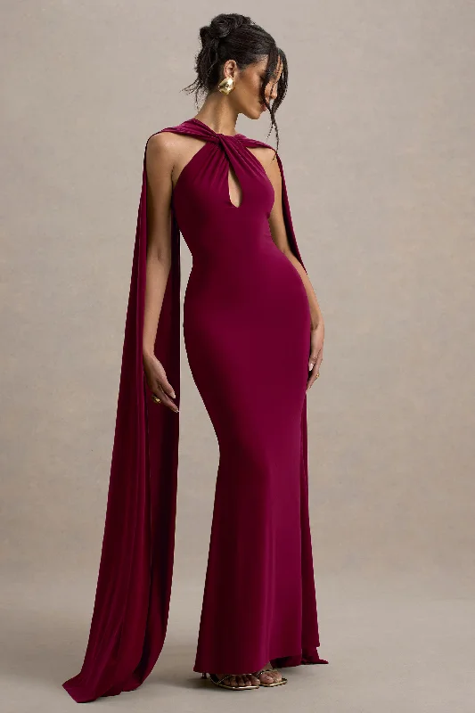 Trumpet - style wedding dresses with a train Long - sleeved wedding guest dresses in velvet for a winter wedding Rhoda | Burgundy Twist Halter-Neck Cape Maxi Dress Trumpet - style wedding dresses with a train Long - sleeved wedding guest dresses in velvet for a winter wedding Rhoda | Burgundy Twist Halter-Neck Cape Maxi Dress