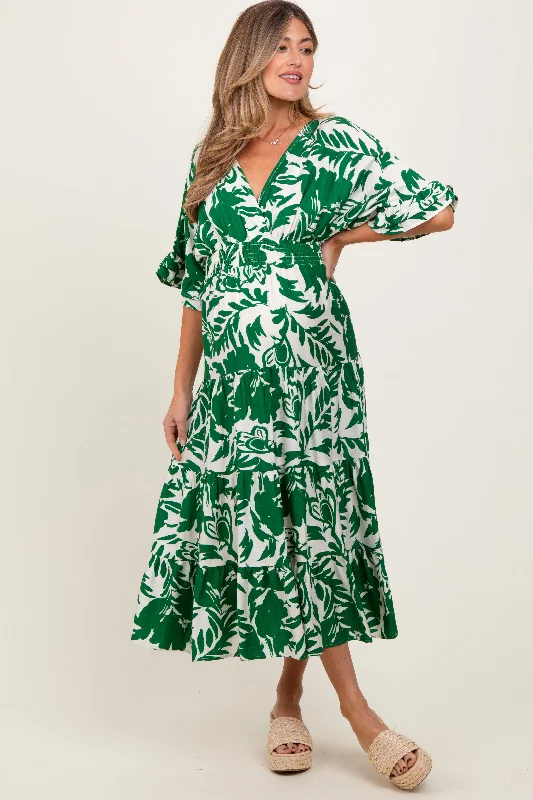 Maternity dress for a baby's first visit to the rock garden Green Abstract Floral V-Neck Tiered Maternity Midi Dress