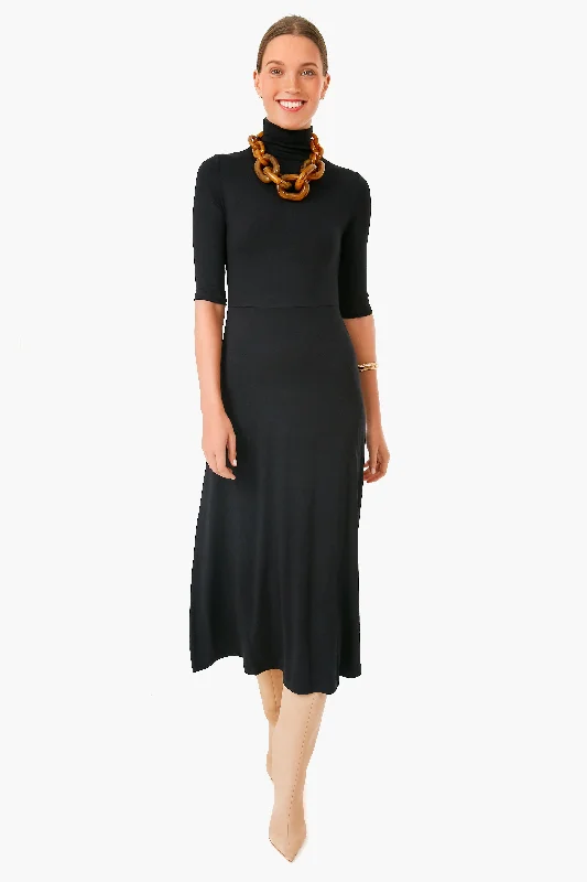 Midi dresses with puff sleeves for a vintage - inspired look Black Elbow Sleeve Turtleneck Dress