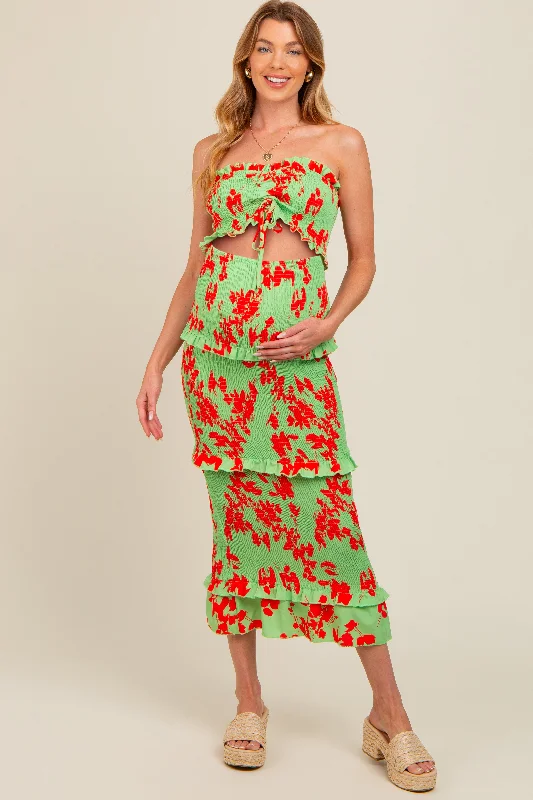 Maternity dress for a christening Lime Floral Smocked Drawstring Front Cutout Ruffle Trim Maternity Midi Dress