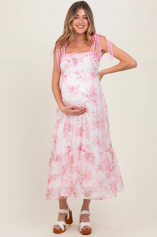 Maternity jersey dress for comfort Pink Floral Chiffon Overlay Lace Shoulder Tie Maternity Midi Dress