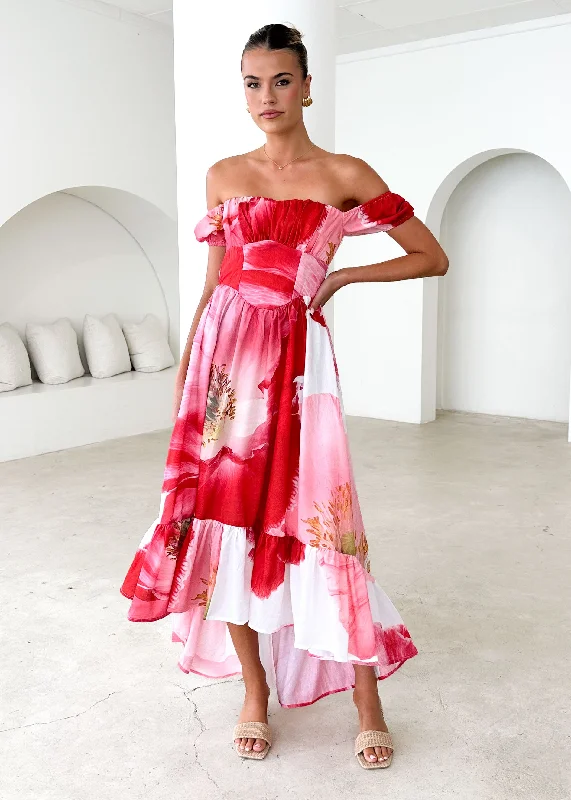 Midi dresses with pleated skirts for a timeless and elegant appeal Salina Off Shoulder Midi Dress - Pink Flowers
