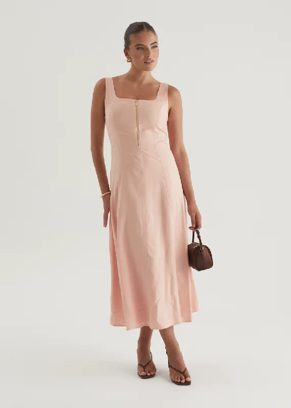 Maxi - inspired midi dresses with flowing fabrics for a beachy vibe Ventura Midi Dress - Peach