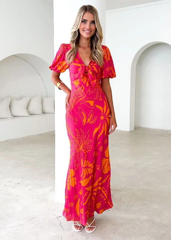 Midi dresses with puff sleeves for a vintage - inspired look Fiona Midi Dress - Magenta Abstract