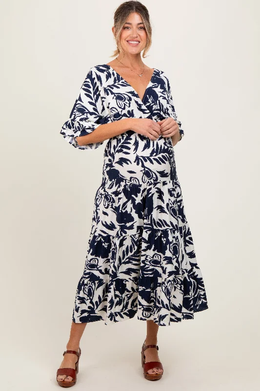 Maternity dress for a baby's first visit to the orchard Navy Abstract Floral V-Neck Tiered Maternity Midi Dress