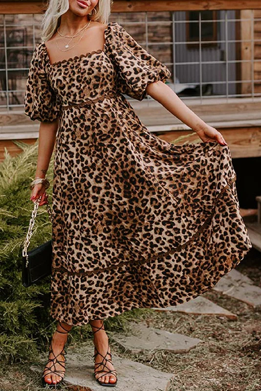 Midi dresses with sheer panels for a touch of allure Leopard Bubble Sleeve Maxi Dress