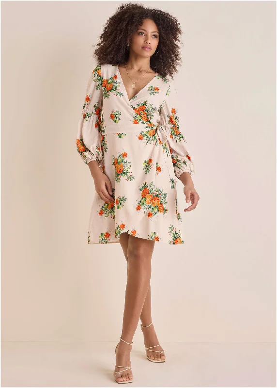 Mini dresses with off - the - shoulder styles Printed Wrap Mini Dress - Orange Bella